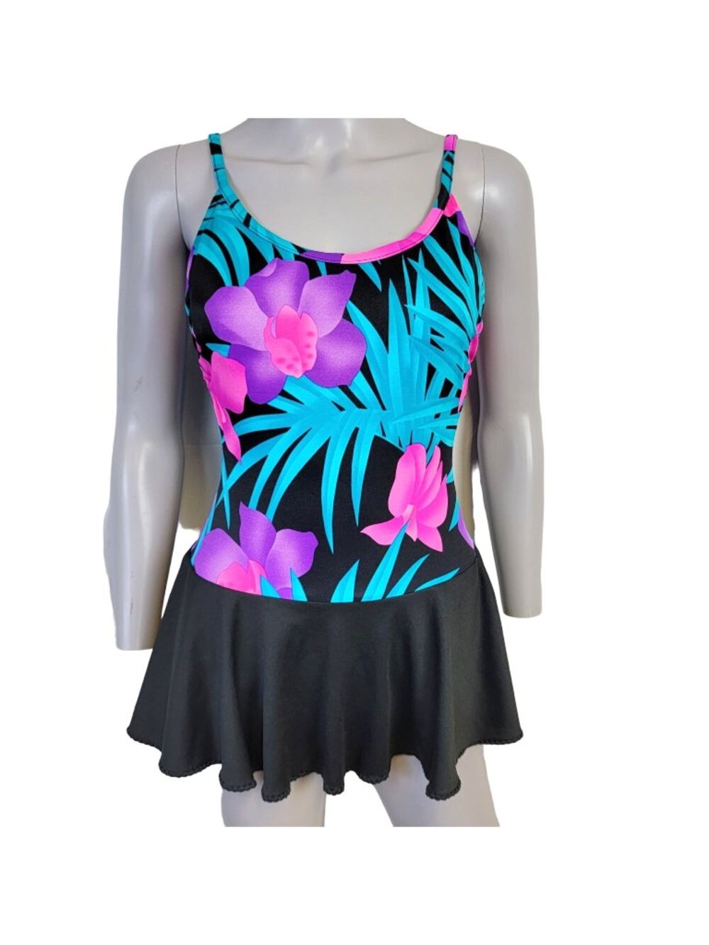 Vintage 80s Colorful One Piece Swim Suit Women Medium Dress Beach Skirt Black M